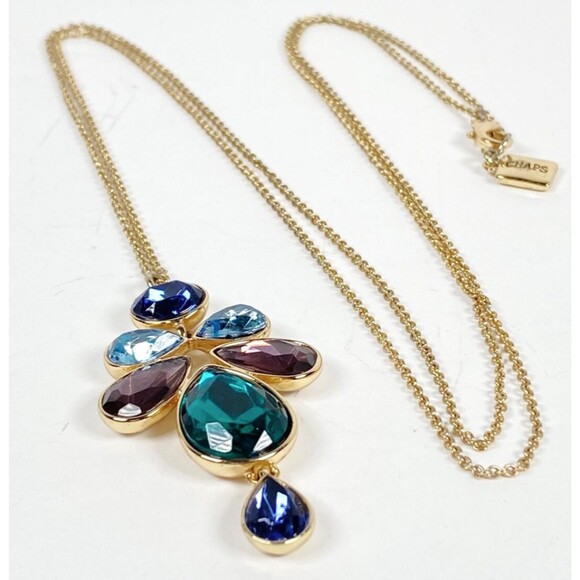 Colorful Rhinestone Statement Necklace Gold Tone Pendant Long Art Nouveau Style - Picture 8 of 8